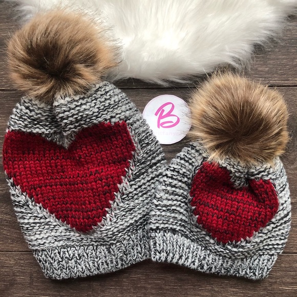 Other - Boutique Mommy and Me Heart Winter Hat Set